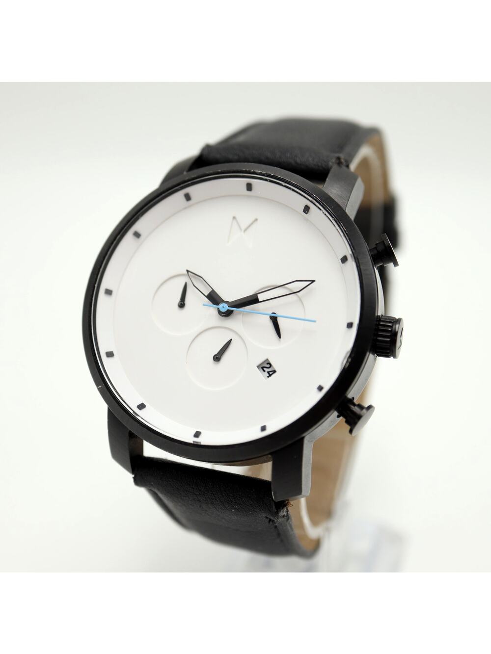 MVMT Men's 45mm Chronograph Minimal Watch White Black Faux Leather w New Battery